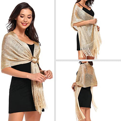 vimate Sparkling Metallic Shawls and Wraps for Evening Party/Wedding/Formal Dresses (With Free Buckle) - color: C1#. Khaki Gold (With Khaki Buckle)