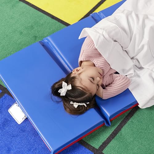 ECR4Kids Premium Folding Rest Mat, 4-Section, 2in, Sleeping Pad, Blue/Red
