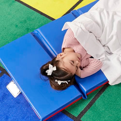 ECR4Kids Premium Folding Rest Mat, 4-Section, 2in, Sleeping Pad, Blue/Red