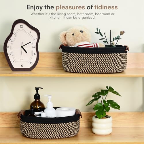 ECDYQXVU 5 Piece Storage Baskets Small Woven Basket with Detachable Leather Handle, Cotton Rope Shelf Baskets for Closet Organizers, Different Sizes Basket Decor, Black Brown