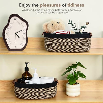 ECDYQXVU 5 Piece Storage Baskets Small Woven Basket with Detachable Leather Handle, Cotton Rope Shelf Baskets for Closet Organizers, Different Sizes Basket Decor, Black Brown