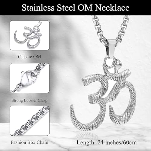 Stainless Steel Om Necklace for Men Women, gold plated/Silver/Black Yoga Charm Pendant Necklaces Aum Om Ohm Sanskrit Symbol Hindu Meditation Chain Necklace,Mens Womens Jewelry Gifts - color: Silver