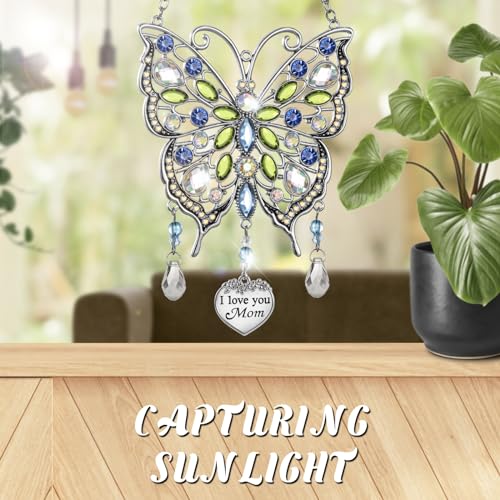 Butterfly Rhinestones Hanging Ornaments Charm Mom Wind Chime Ornament Charm with Metal Heart Gifts for Mom, Grandma, Aunt, Birthday (Blue)