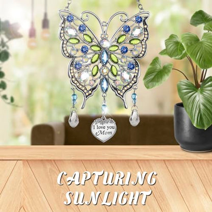 Butterfly Rhinestones Hanging Ornaments Charm Mom Wind Chime Ornament Charm with Metal Heart Gifts for Mom, Grandma, Aunt, Birthday (Blue)