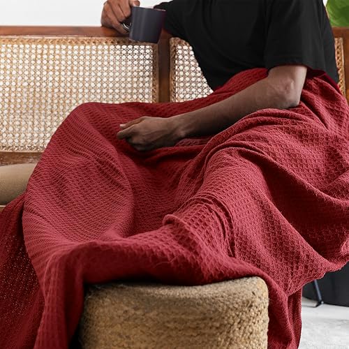 Salt Earth 100% Cotton Waffle Blanket, Queen Size 90"x92" – Lightweight All Season Throw Blanket for Couch, Bed & Bedroom, Soft Modern Cozy Cotton Blanket (Red) - color: Red, size: Queen