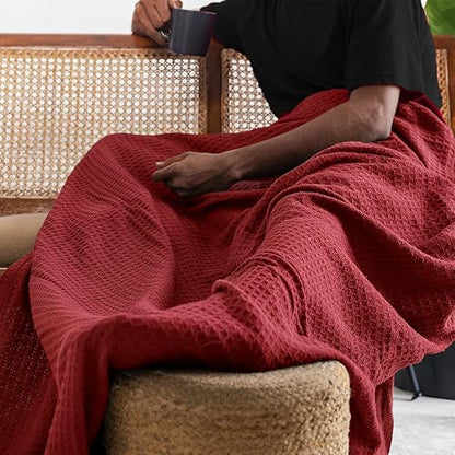 Salt Earth 100% Cotton Waffle Blanket, Queen Size 90"x92" – Lightweight All Season Throw Blanket for Couch, Bed & Bedroom, Soft Modern Cozy Cotton Blanket (Red) - color: Red, size: Queen