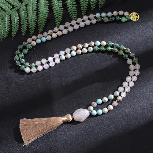 108 Mala Prayer Beads Necklace Natural Stones Meditation Yoga Jewery 108 Hand Knotted Japa Mala Beaded Long Tassel Necklace with Tree of Life Pendant for Men and Women - color: green+blue+white