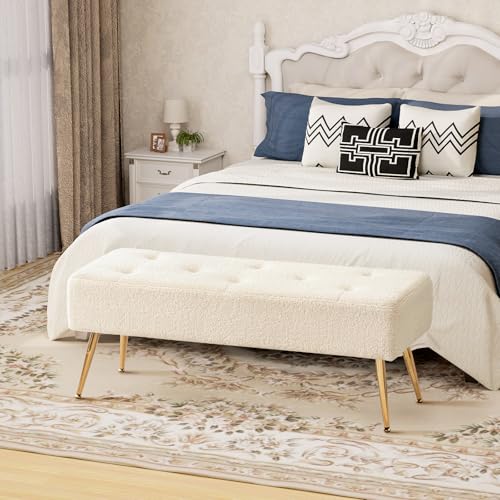 Furnimart Faux Fur Boho Bench Ottoman Upholstered Tufted Bench with Padded Seat, Footrest Foot Stool with Sturdy Metal Leg, for Bedroom Living Room Entryway - color: Fur Ivory White