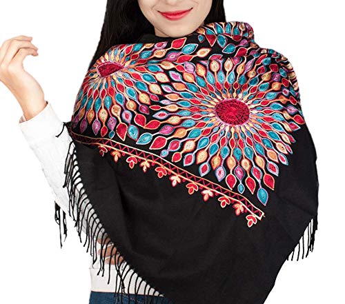 Urban CoCo Women's Embroidered Oversize Tassel Shawl Scarf Wraps for Women - color: Black