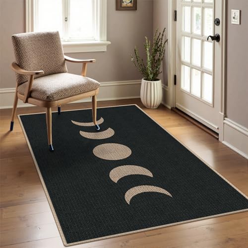 Easy Jute 3x5 Black Moon Area Rug,Washable Entryway Rug,Modern Door Carpet,Neutral Non-Slip Outdoor Indoor Farmhouse Rug for Living Room Kitchen Patio Bedroom - color: Black Lunar Eclipse, size: 3' x 5' (Rectangular)