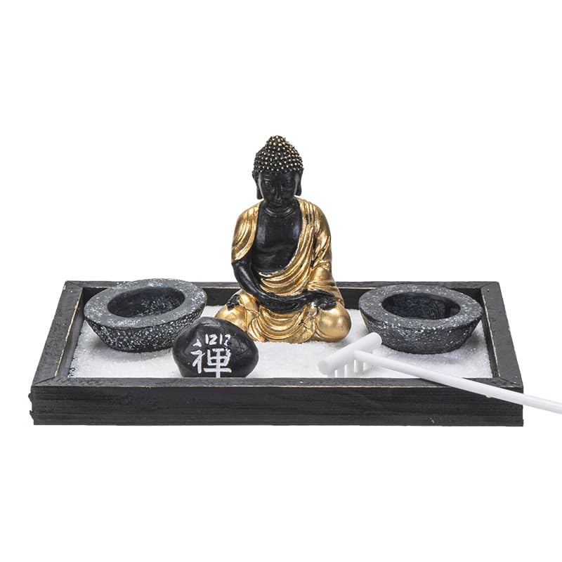 Summit Collection Gifts Meditation Zen Garden Set with Black and Gold Buddha Figurine Two Tea Light Candle Holders White Sand Decorative Wood Display Tray Decor 9" x 5"