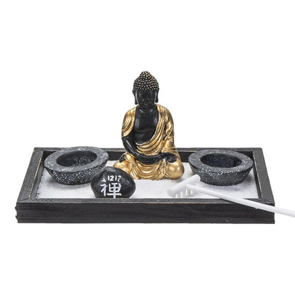 Summit Collection Gifts Meditation Zen Garden Set with Black and Gold Buddha Figurine Two Tea Light Candle Holders White Sand Decorative Wood Display Tray Decor 9" x 5"