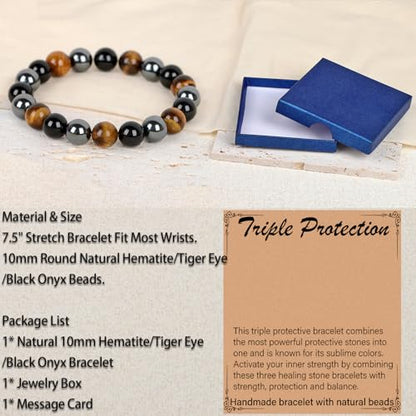 LPBeads Handmade Natural Gemstone Stretch Elastic Bracelet Healing Crystal Round Stone Beads Jewelry Gifts for Women Men - color: Onyx Tiger Hematite Mixed, size: 10mm