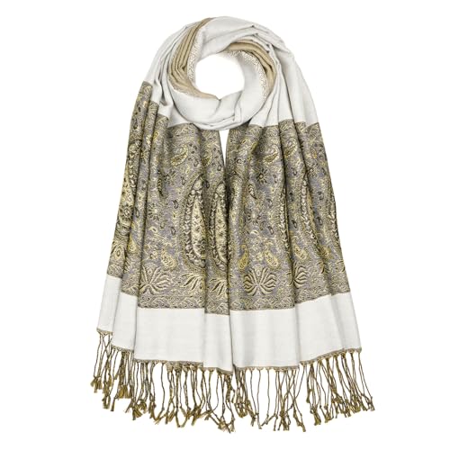 QIUTIMIY Paisley Pashmina Shawls and Wraps for Women Reversible Jacquard Festival Rave Pashmina Scarves with Fringe Vintage - color: Flower12-white