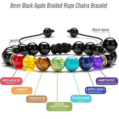 GelConnie Lava Rock Chakra Bracelet 7 Chakra 8mm Natural Stone Healing Bracelet Stress Relief Yoga Beads Anxiety Bracelet Aromatherapy Essential Oil Diffuser Bracelet Bangle - color: Black Agate