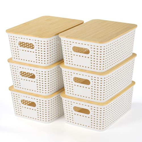 Ohmlove Plastic Storage Baskets With Bamboo Lid - Plastic Storage Containers Stackable Storage bins: Storage Baskets for Organizing Shelves Drawers Desktop Closet Playroom Classroom Office, 6 Pack - color: Cream White