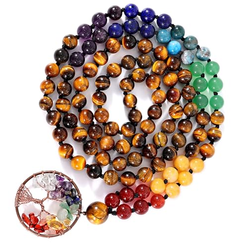 Bivei 108 Mala Beads Necklace Life Tree 7 Chakra Wrap Bracelet Real Healing Gemstone Yoga Meditation Hand Knotted Mala Prayer Bead Necklace - color: Tiger Eye Stone, size: 8mm