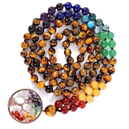 Bivei 108 Mala Beads Necklace Life Tree 7 Chakra Wrap Bracelet Real Healing Gemstone Yoga Meditation Hand Knotted Mala Prayer Bead Necklace - color: Tiger Eye Stone, size: 8mm