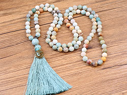 COAI OM Charm Hand Knotted Tassel 108 Mala Beads Necklace - color: Faceted Amazonite, size: 8mm