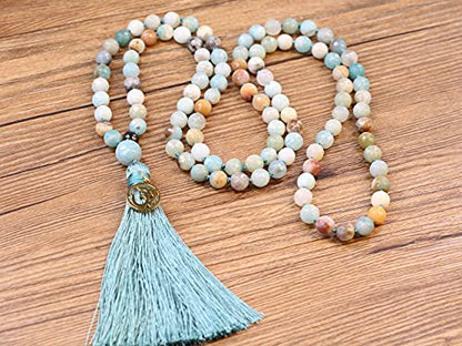 COAI OM Charm Hand Knotted Tassel 108 Mala Beads Necklace - color: Faceted Amazonite, size: 8mm