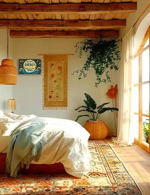 Spiritual Retro Wall Art for Meditation Room, Yoga Studio, Boho Home Garden Decor - "Please Be Mindful of the Energy You Bring" Positive Quote Metal Sign Funny Gifts 12x8 Inches (704)