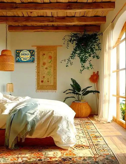 Spiritual Retro Wall Art for Meditation Room, Yoga Studio, Boho Home Garden Decor - "Please Be Mindful of the Energy You Bring" Positive Quote Metal Sign Funny Gifts 12x8 Inches (704)