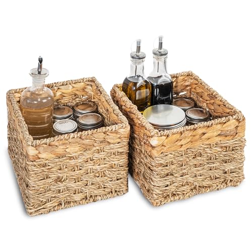 Small Wicker Storage Baskets Set of 2, Natural Seagrass and Hyacinth Woven Cube Storage Basket for Organizing Shelves, Living Room, Pantry, Decorative, 8 x 7 x 5.5 Inches - size: Small (2-Pack) - 8" x 7" x 5.5" in.
