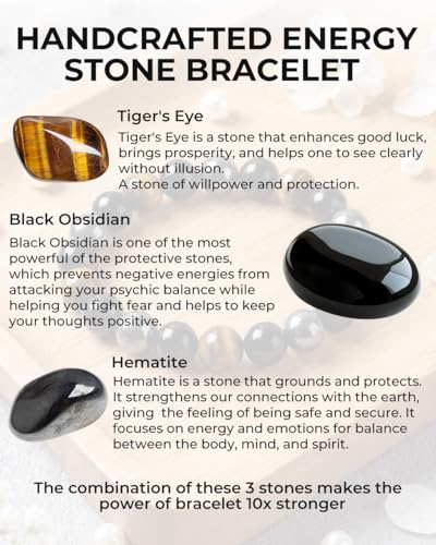 Triple Protection Bracelet for Men & Women - Natural Tiger Eye, Black Obsidian & Hematite Beaded Bracelet - 10mm Healing Crystals for Luck, Prosperity & Spiritual Protection - Meaningful Gift - color: Colorful (Set 66)