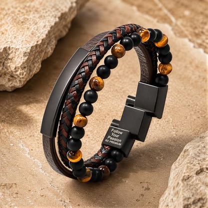 Premium Men’s Bracelet | Leather Bracelet for Men | Beaded Bracelets Black Onyx & Tiger-Eye Beads | Brown Leather Jewelry with Adjustable Stainless-Steel Clasp | Gift Dad Husband Son Boyfriend - color: Brown/Black