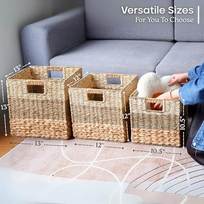 13x13x13 Storage Cube Bins Wicker Storage Basket for Cube Shelf, Natural Foldable Square Baskets for Storage, Large Woven Cube Storage Bin with Handle, Baskets for Pantry, Bedroom Set of 4