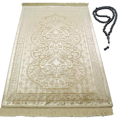 Modefa Luxury Velvet Prayer Rug with Prayer Beads | Soft Elegant Muslim Turkish Janamaz Sajada Carpet for Men and Women | Plain Solid Prayer Mat Ramadan Eid Gift - Paisley (Golden Yellow) - color: Golden Yellow