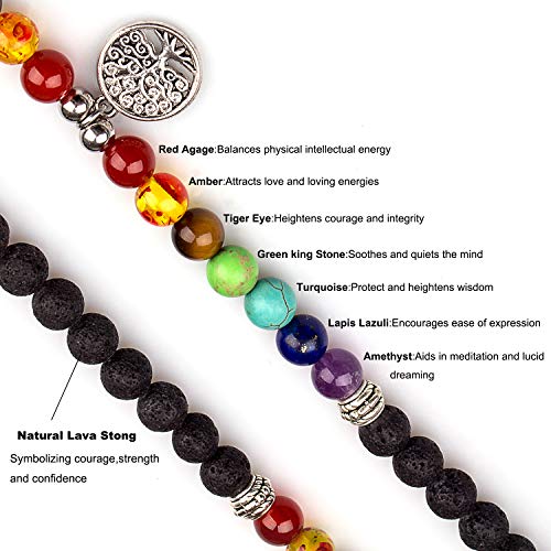 108 Mala Beads Necklace 7 Chakra Tree of Life Pendant Prayer Buddha Bracelets Healing Stone Yoga Men Women Jewelry - color: Natural lava flower beads