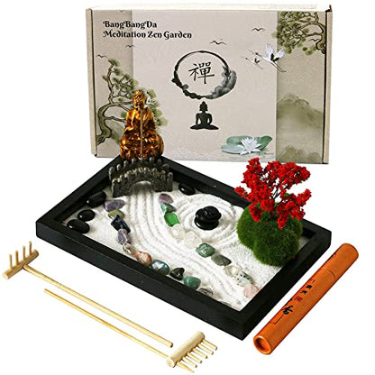 Mini Meditation Zen Garden Kit - Japanese Tabletop Rock Sand Chakra Buddha Garden Home Office Desk Decor Gifts for Father Mother Birthday - Sandbox w/Rake Tool Accessories