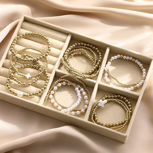 16 PCS Gold Bead Pearl Bracelet for Women, Gold Plated Beaded Strand Bead Ball Bracelets stack Adjustable Jewelry Set for Gifts - color: 01-GOLD