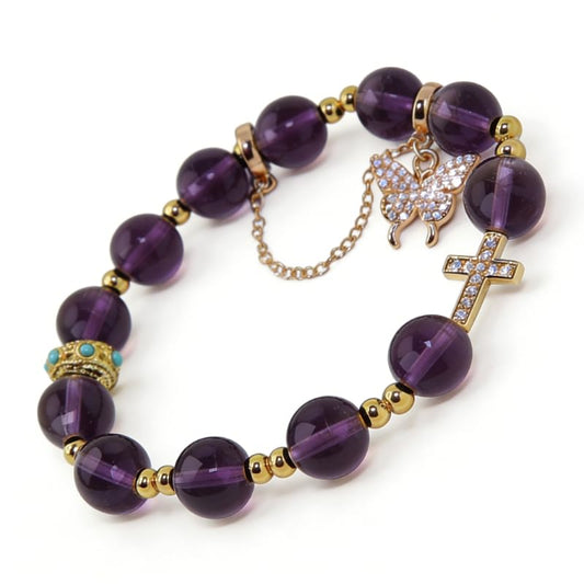 Natural Bead Bracelet 10mm Healing Crystal Bracelet for Women & Men Feng Shui Good Luck Meditation Buddhist Jewelry Handmade Stone Beaded Jewelry for Gift - color: Amethyst