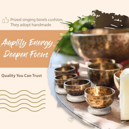 7 Pcs Singing Bowl Cushion Set for 6-12" Tibetan Singing Bowls, Handmade Silk Brocade Fabric Round Cushion Pillow for Folk World Percussion Meditation and Crystal Sound Bowls(Silver)