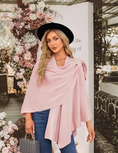 PULI Womens Large Cross Front Poncho Sweater Wrap Topper Knitted Elegant Shawls Cape for Fall Winter - color: 1-pink