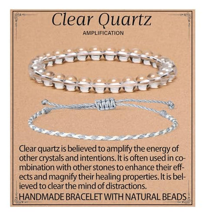 QOGIR 2pcs Handmade Healing Bracelet, Natural Gem Stone Crystal Elastic Bracelet - color: Clear Quartz(Stone of Amplification), size: 6mm