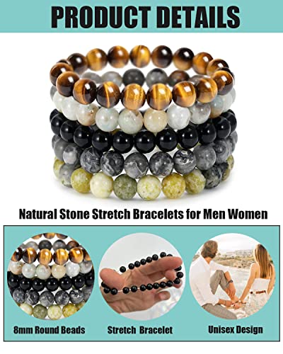 BOMAIL 5PCS Semi-Precious Gemstone Bracelet - Healing Crystal Stone Beaded Bracelets for Women Men 8mm Round Beaded Stretch Bracelets Unisex Yoga Bracelets - color: B