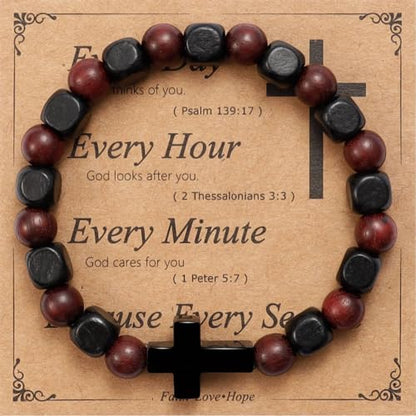 MILAKOO Wooden Bracelet with Black Stainless Steel Cross Charms Bead Christian Gifts for Women Men - color: C3