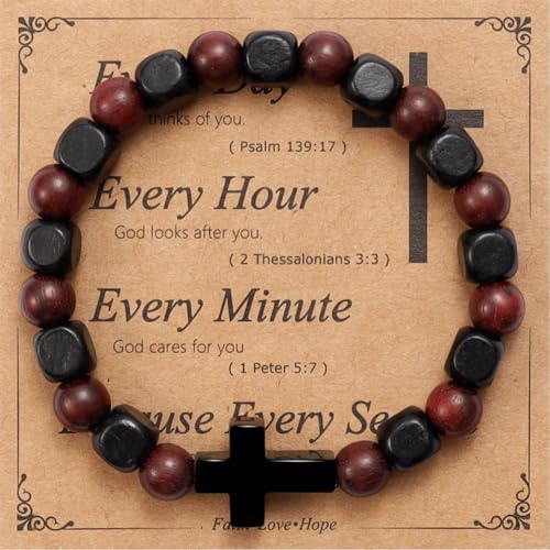 MILAKOO Wooden Bracelet with Black Stainless Steel Cross Charms Bead Christian Gifts for Women Men - color: C3