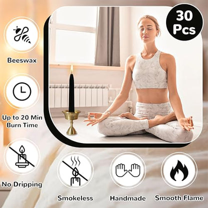 20 Min Black Meditation Candles – 30 Pack, Includes Mini Candle Holder & 12 Wax Dots, Slow Burn, Natural Unscented, for Halloween Yoga Prayer Mindfulness & Relaxation - color: Black, size: 30 Pack
