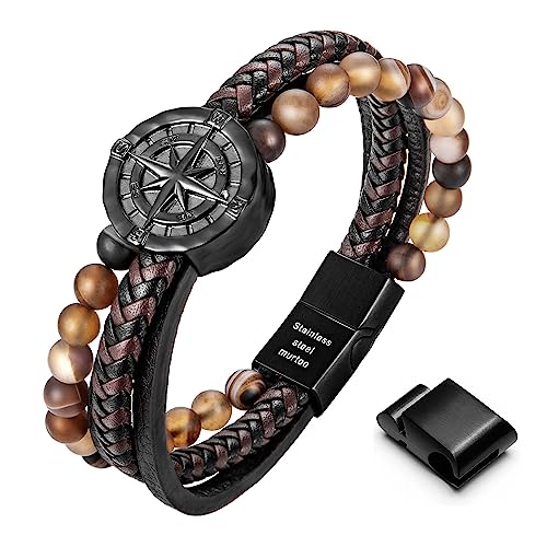 murtoo Mens Bracelet, Leather and Steel, Multi-layer Leather Bracelet for Men with Compass, Gift Idea for Boyfriend Husband Father - color: Black Brown Leather & Brown Bead, size: 8.3"
