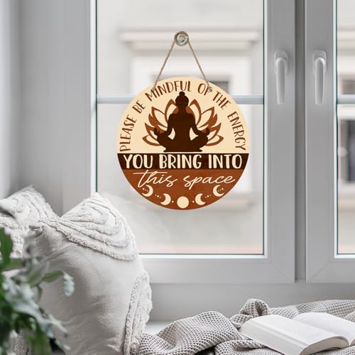 Positive Energy Buddha Front Door Sign, Meditation Room Zen Den Wood Door Hanger Decor, Spiritual Wooden Wreath Indoor Yoga Studio Spa Therapy Wall Hanging Decoration Meditation Accessories Gifts