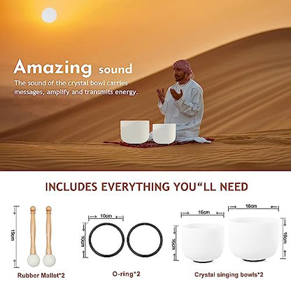 Couple of 2 PCS Crystal Singing Bowl Set, 8" F note Heart Chakra and 10" C note Root Chakra, Sound Bowl Meditation Set for Healing with Carry Case Bag.