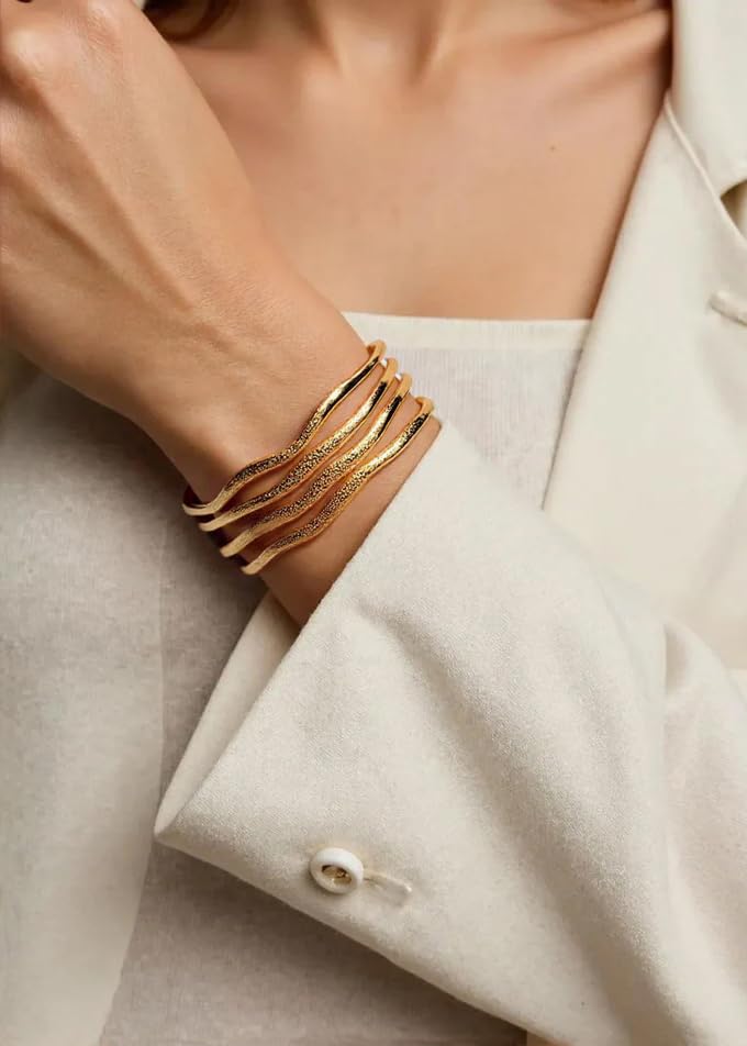 POTESSA 18K Gold Plated Cuff Bracelets Adjustable Dainty Bangle Handemade Jewelry for Women - style: Wide Wave