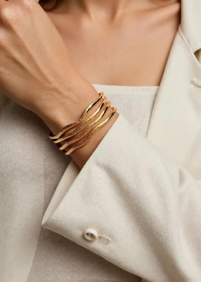 POTESSA 18K Gold Plated Cuff Bracelets Adjustable Dainty Bangle Handemade Jewelry for Women - style: Wide Wave