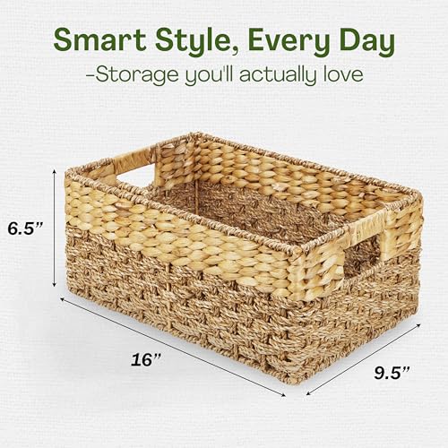 Medium Wicker Storage Baskets with Handles, Natural Seagrass and Hyacinth Woven Storage Basket for Organizing Shelves, Bedroom, Pantry, Rectangular, 15.5 x 9.5 x 6.5 Inches - size: Medium - 15.5" x 9.5" x 6.5" in.