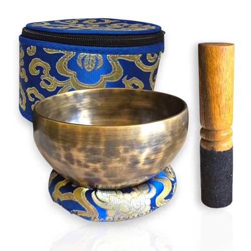 4.5 inch Handmade Tiger Antic Singing Bowl Set - Includes Wooden Mallet, Cushion & Gift Case - Handmade Sound Healing Bowl Set for Yoga, Mindfulness & Spring Meditation - Made in Nepal