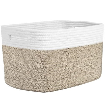 Storage Baskets for Organizing, 14 x 10 x 9” Closet Shelf Woven Baskets, Square Bins with Handles, Cotton Rope Basket for Clothes, Office, Room, White+Rice Brown 1 Pack